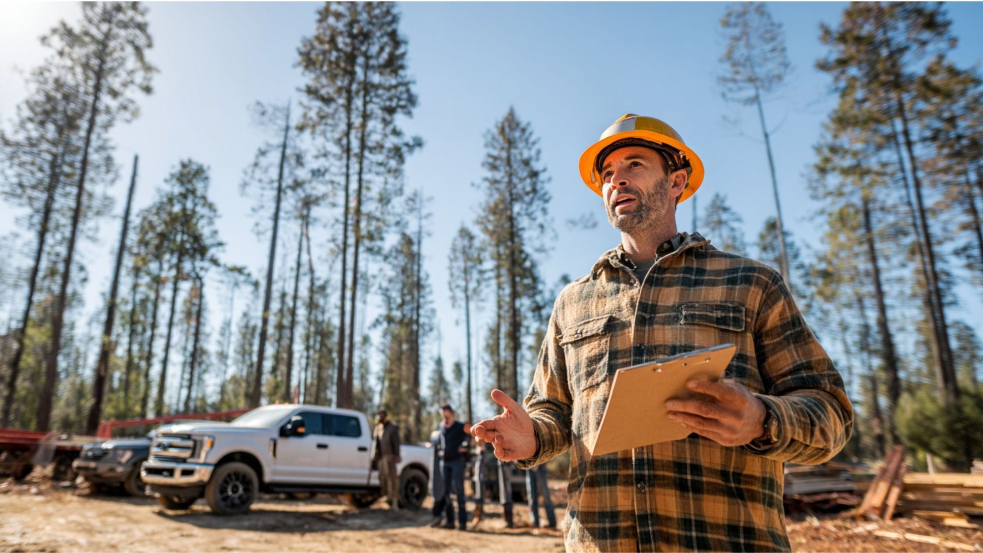 A professional contractor on a Canadian job site holding a checklist and leading a team meeting, symbolizing organized business operations and strategic systems.