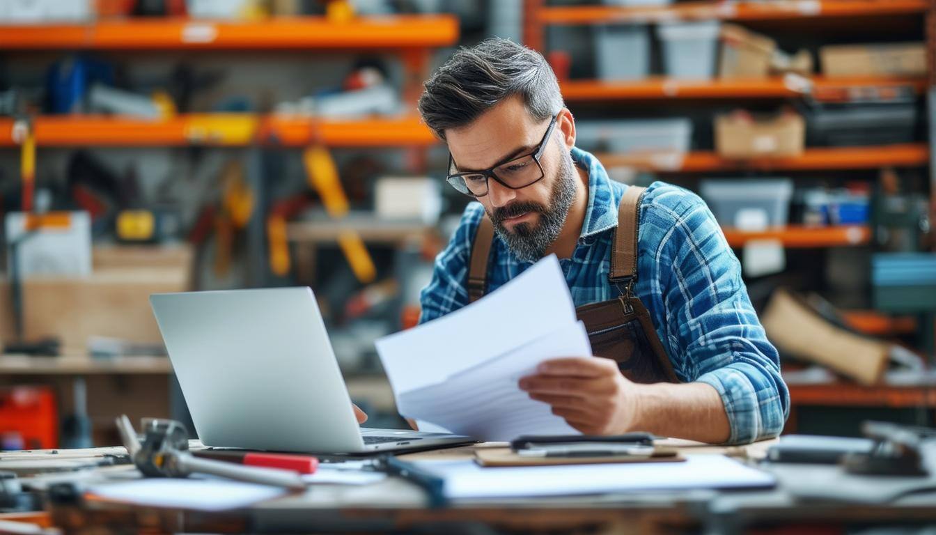 An image of a small trades business owner reviewing documents at a clean, organized workspace