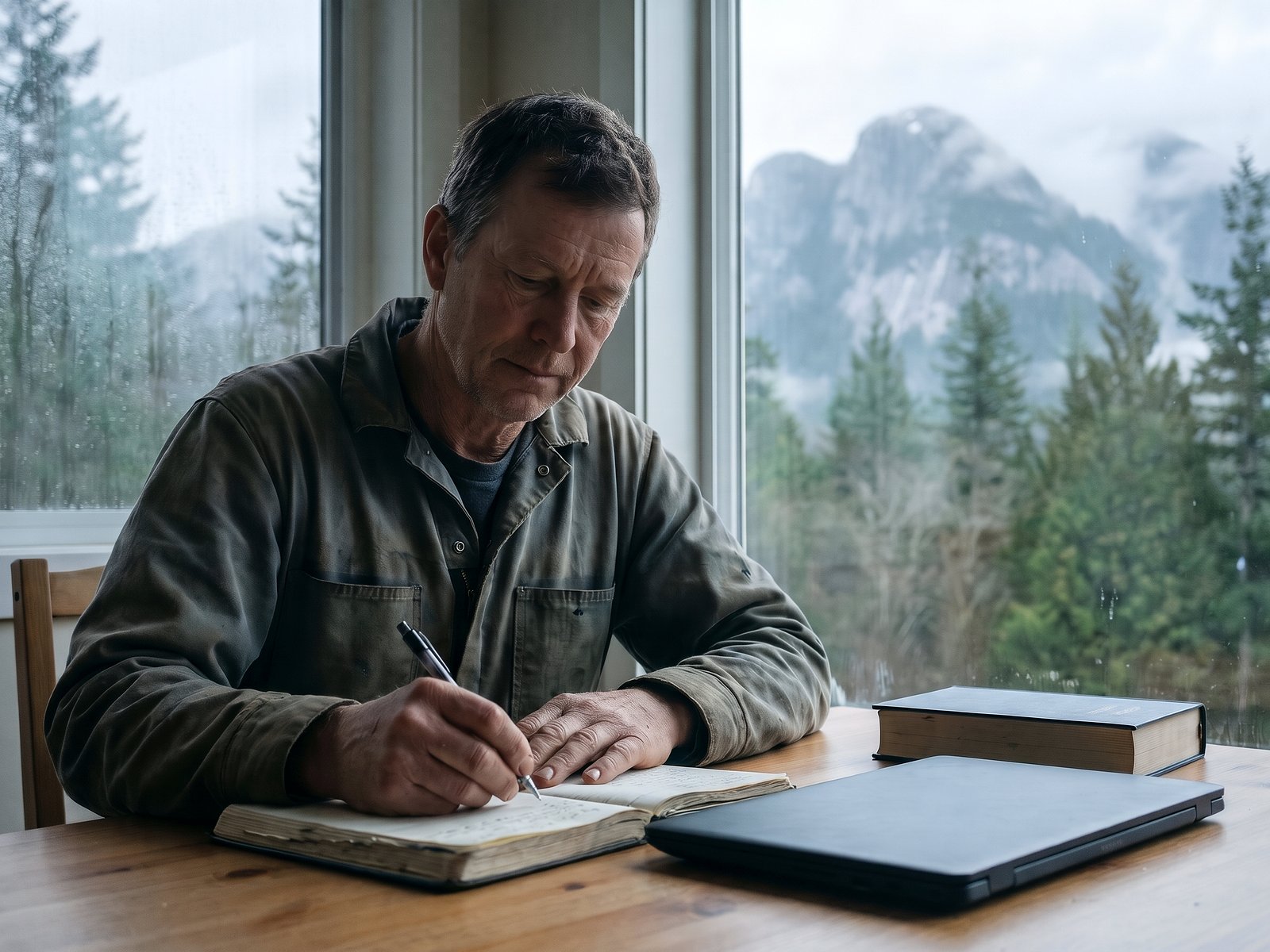 A small business owner taking notes from a business book at his kitchen table in the morning