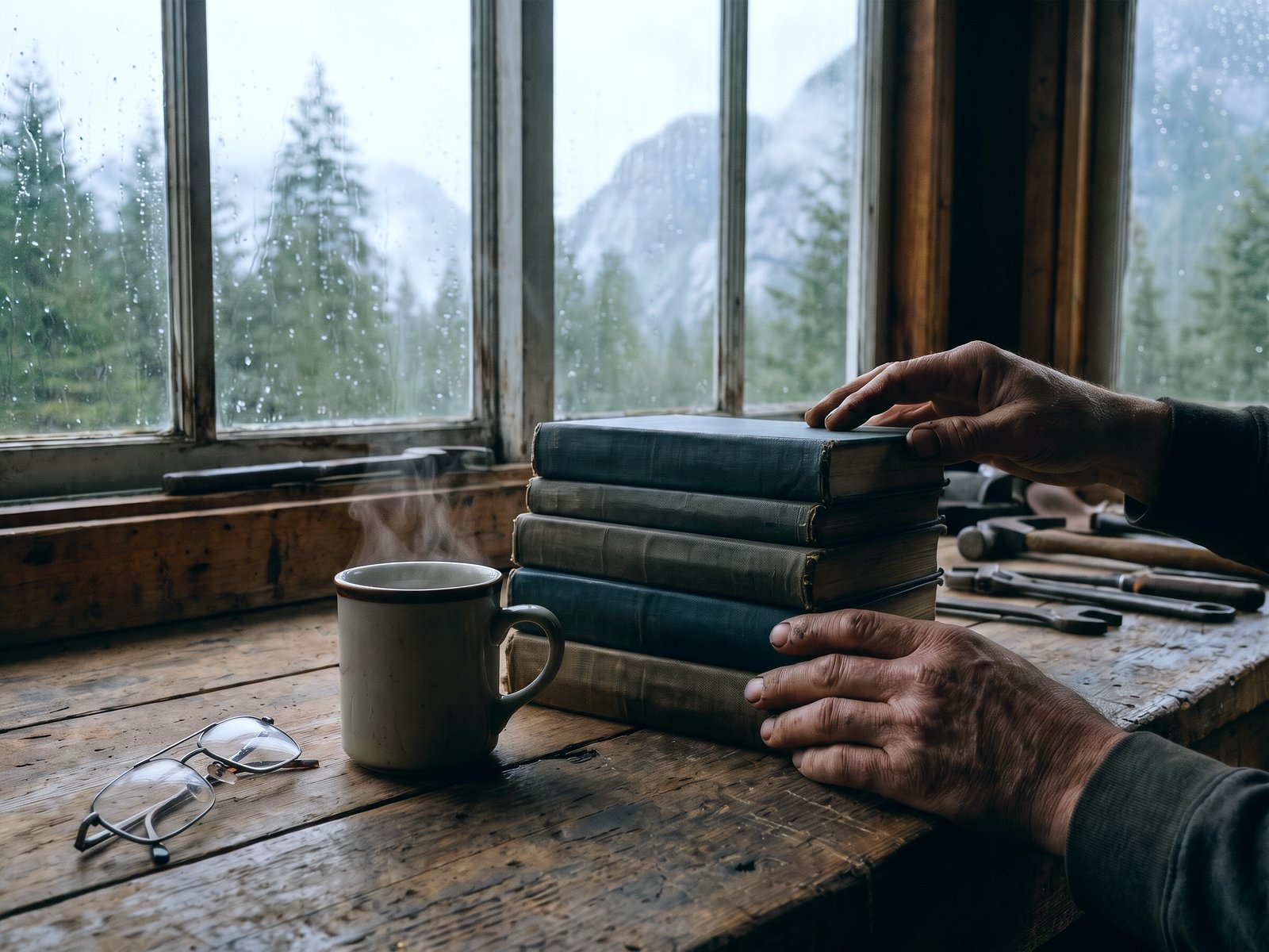A small stack of business books on a workbench beside a mug of coffee and a pair of reading glasses