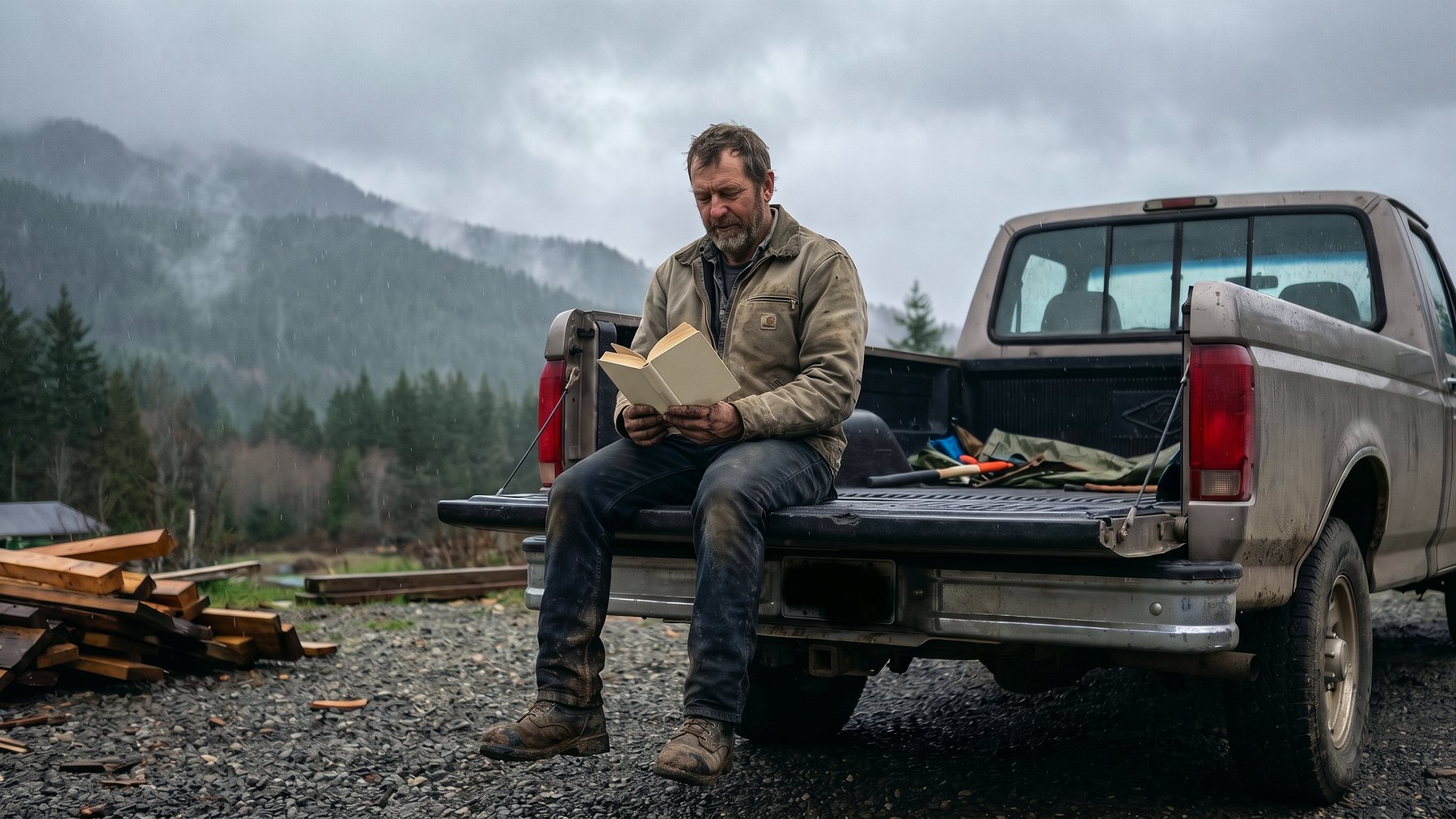 A trades business owner reading a book on the tailgate of his truck at the end of the work day, mountains in mist behind him