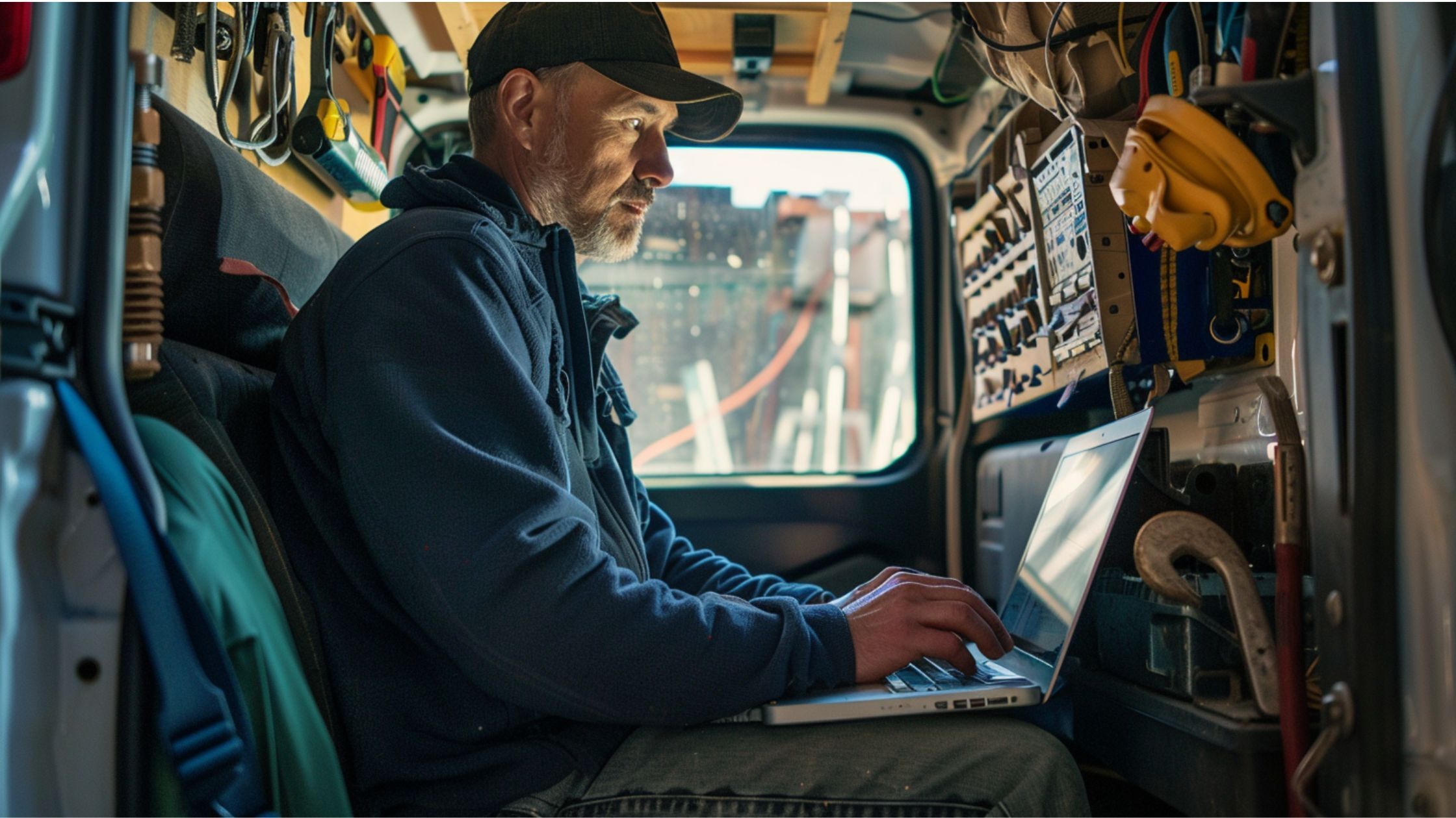 An electrical contractor working on a laptop inside his service van at dusk, catching up on invoicing after the day's jobs
