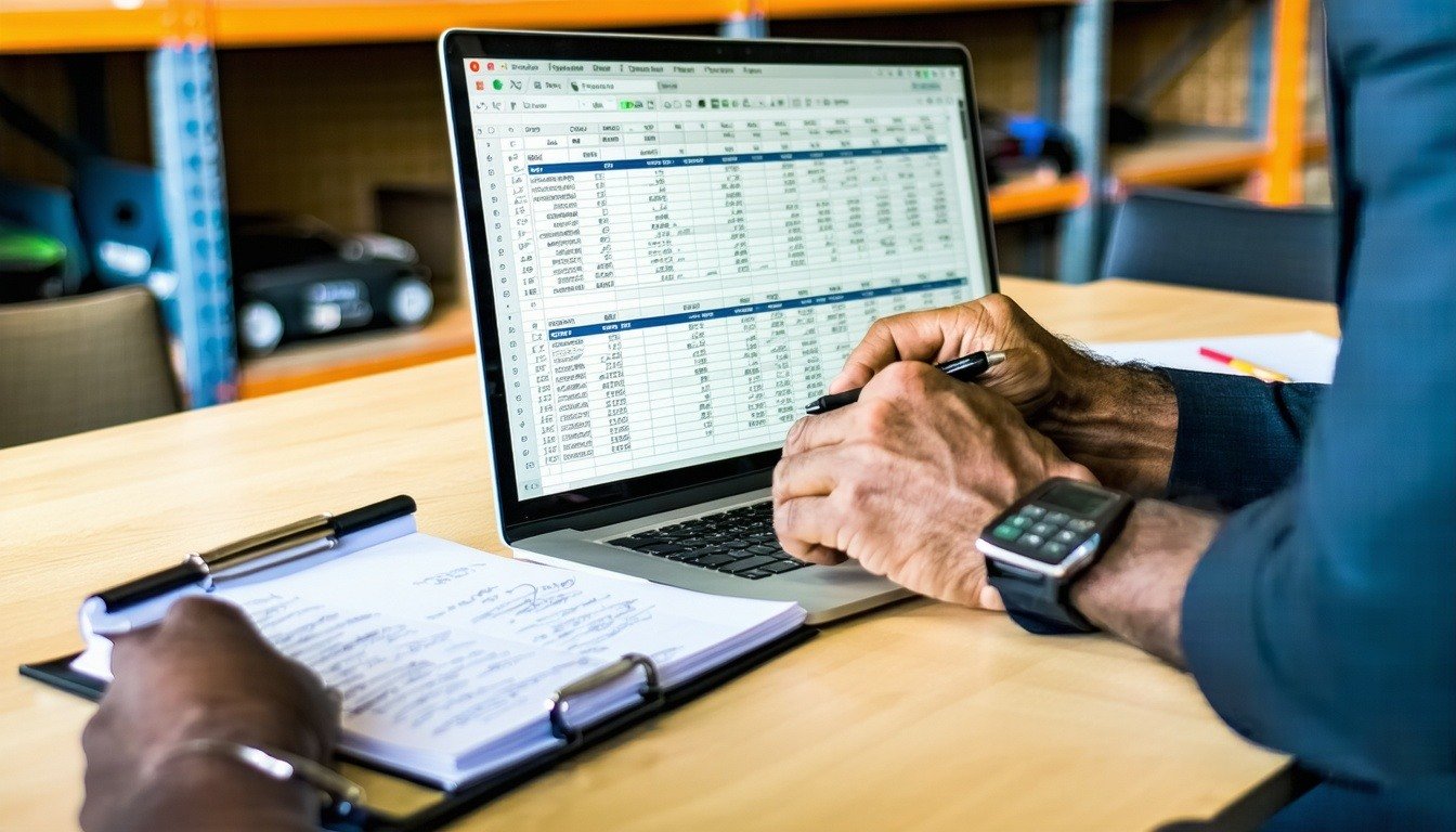 A contractor's handwritten job notes next to a laptop open to a spreadsheet, the kind of paperwork that piles up before invoices go out