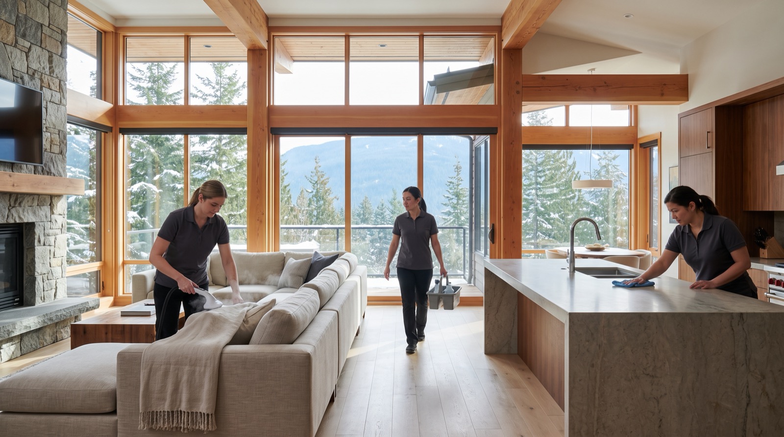 A housekeeping team cleaning a luxury residential home in Whistler, British Columbia