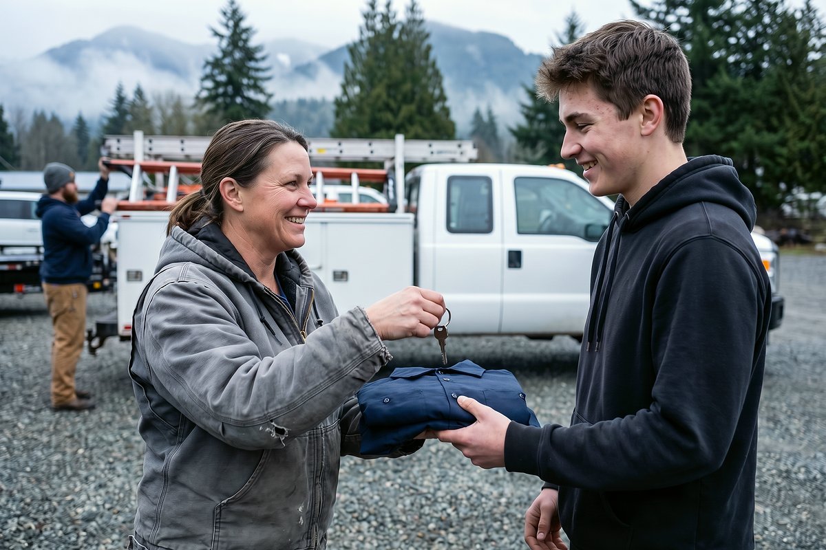 Trades company owner handing a new hire his work shirts and a truck key on his first day in the company yard