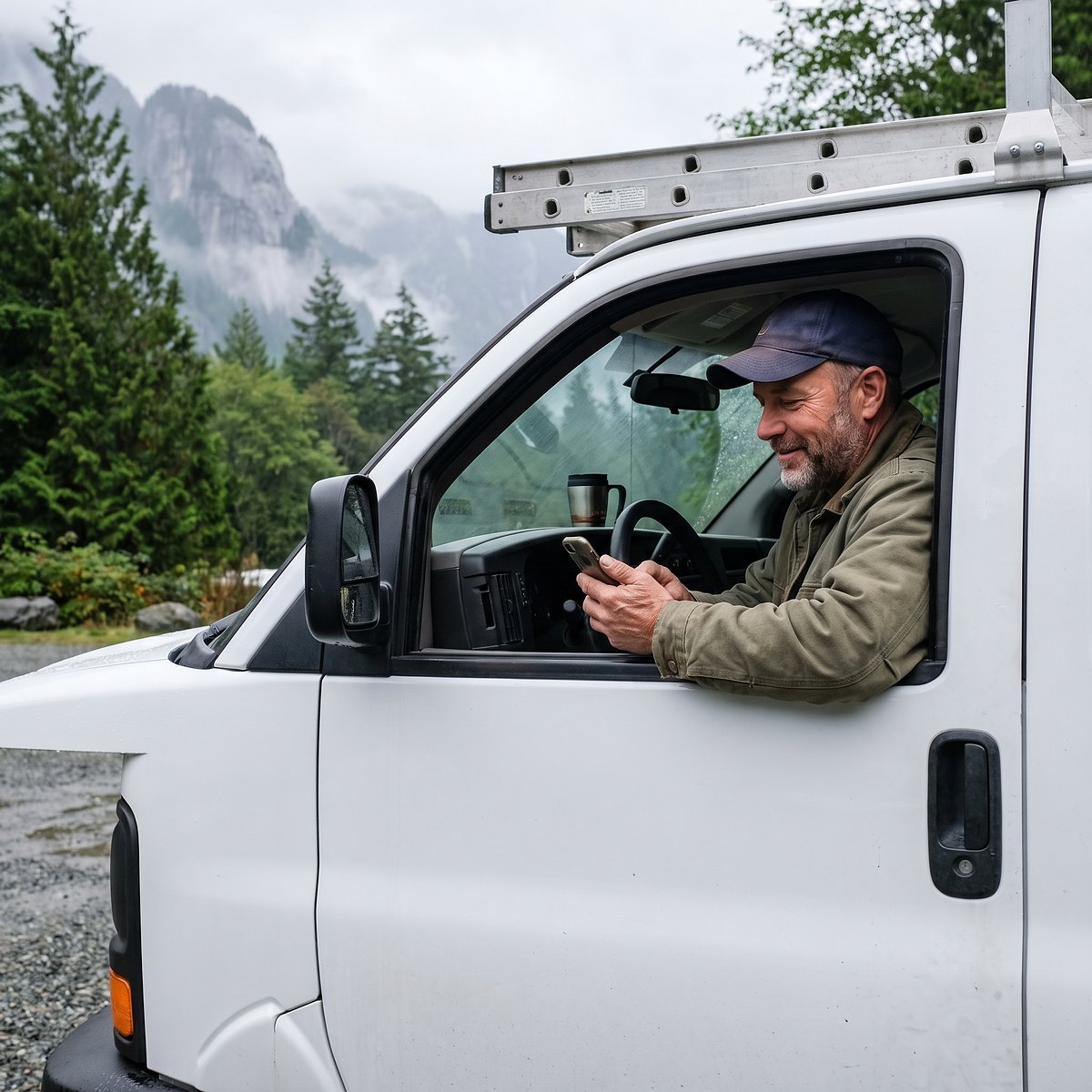 Window-cleaning company owner smiling at his phone from his work van, approving the morning's admin before a job in BC's Sea to Sky corridor