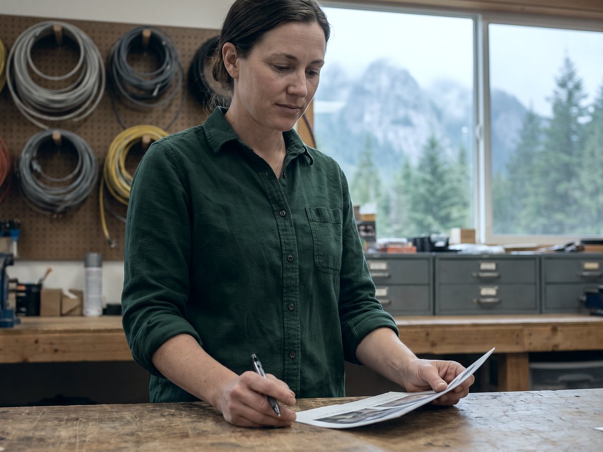 Electrical contracting owner reading a one-page job schedule at her shop workbench, pen in hand