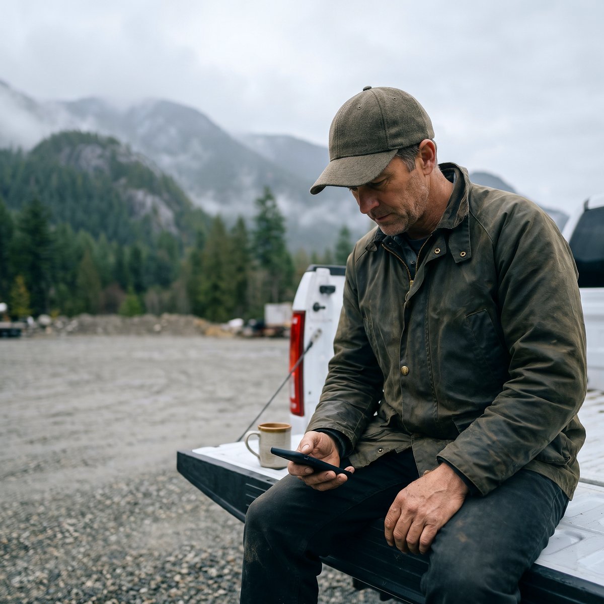 Plumbing company owner sitting on his truck tailgate in a gravel yard, glancing at his phone, misty mountains behind him