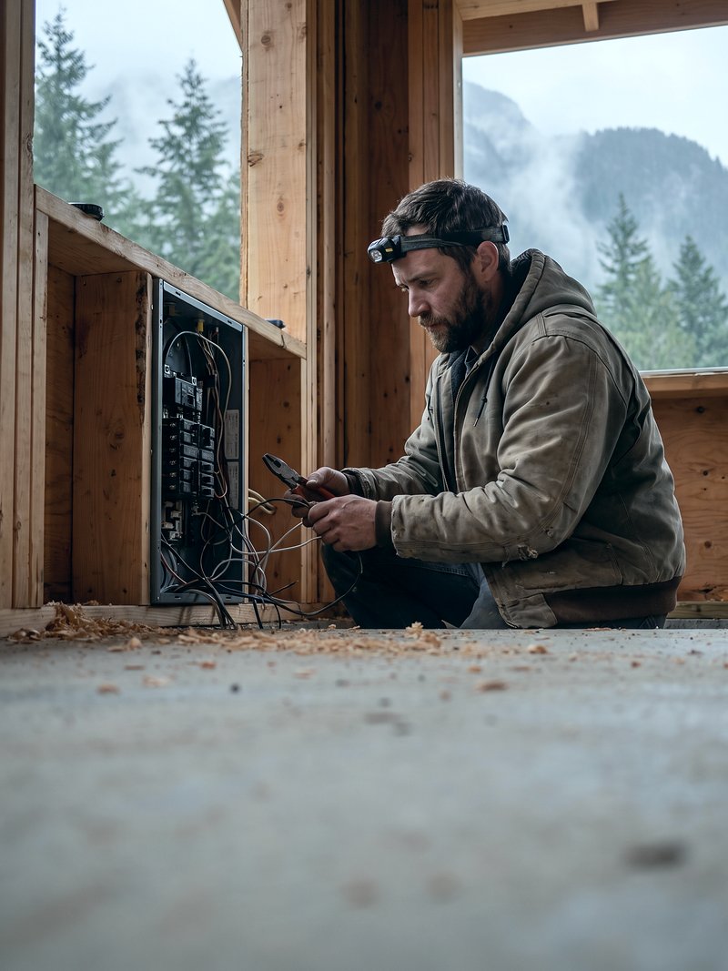 Electrician wiring a residential panel on a new timber-frame build