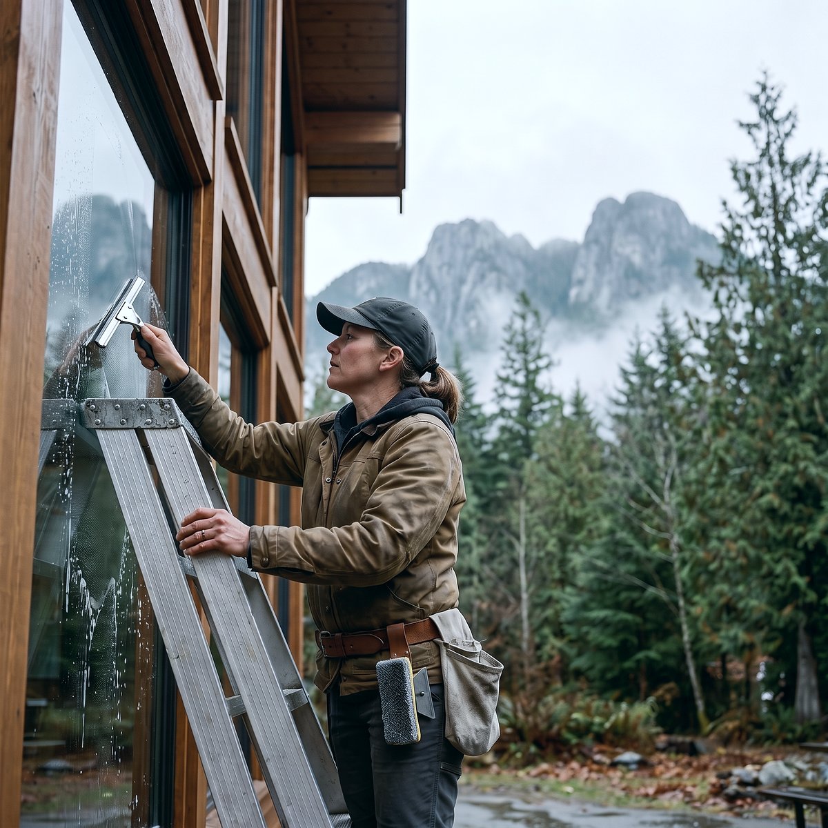 Window-cleaning company owner squeegeeing a tall chalet window from a ladder, mountains in the mist behind her